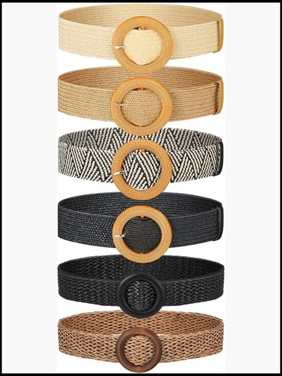 Woven Straw Belt Women Elastic Stretch Waist Braided Boho Rattan Wood Buckle main image 5